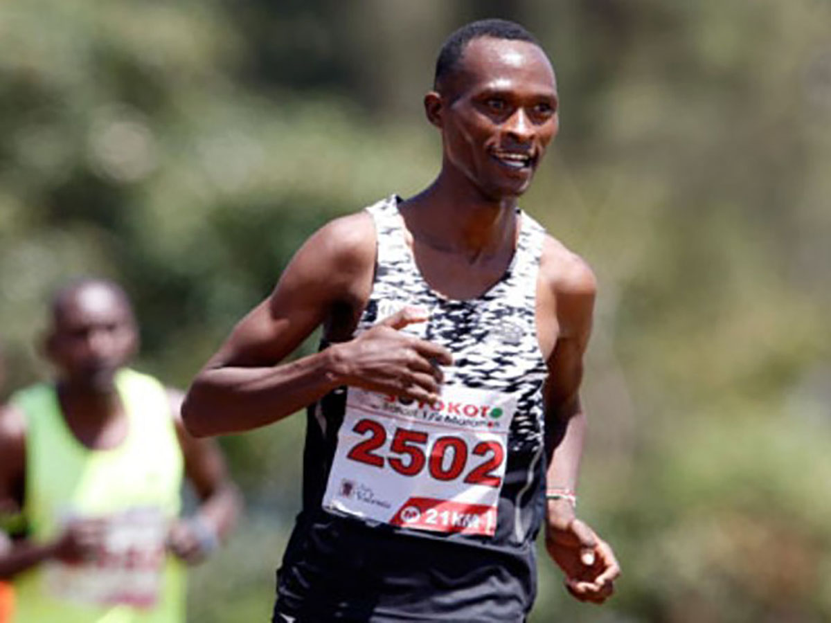 Reuben Mosin celebrates crossing 5000m men finals finishing line on August 3rd 2019 during Nairobi Branch Athletics Championship at Langata Prisons Ground.Photo/CHRIS OMOLLO